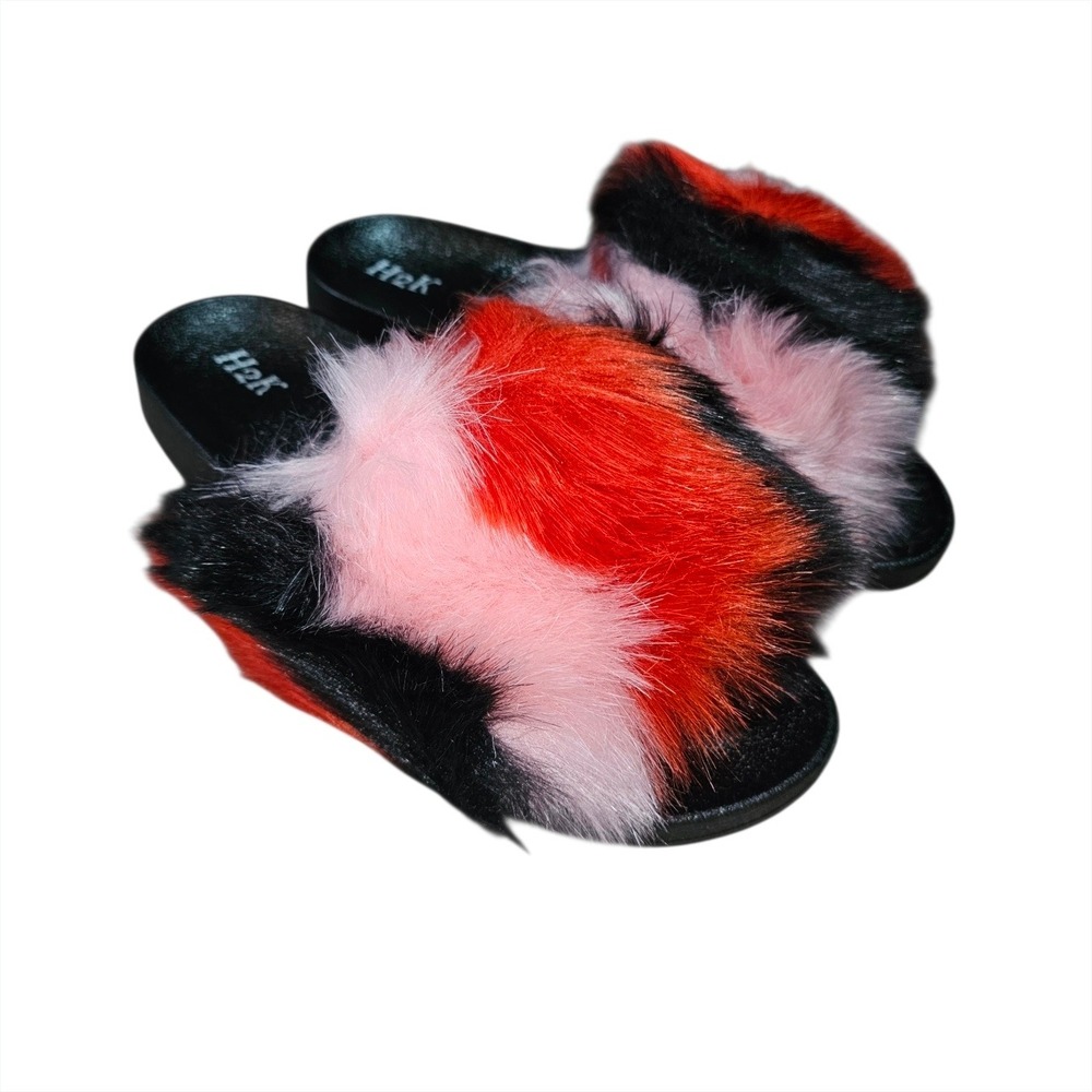 Faux Fur Slide Sandals Womens 10 Red Pink Black New H2K Fluffy Slippers